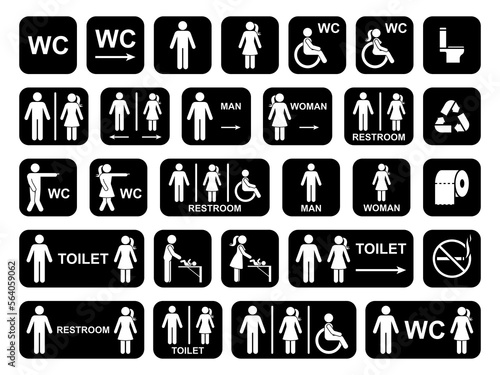 Public toilet icon set vector illustration. Restroom sign symbol man woman people unisex washroom bathroom stick figure silhouette pictogram