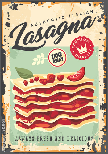 Italian homemade lasagna with bolognese tomato sauce. Food retro sign decor for kitchen or restaurant. Pasta vector illustration.