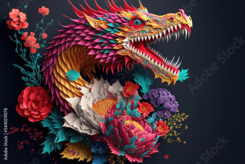 Dragon's Origami: A Chinese Craft of Colorful Flower Dragon. Generative AI
