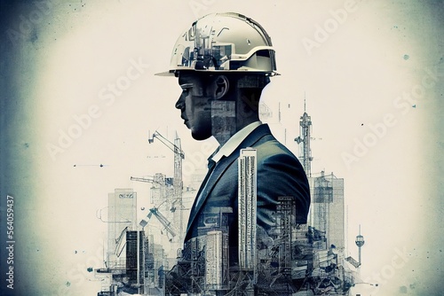 A double expousure of a worker and a building site, Generative AI photo