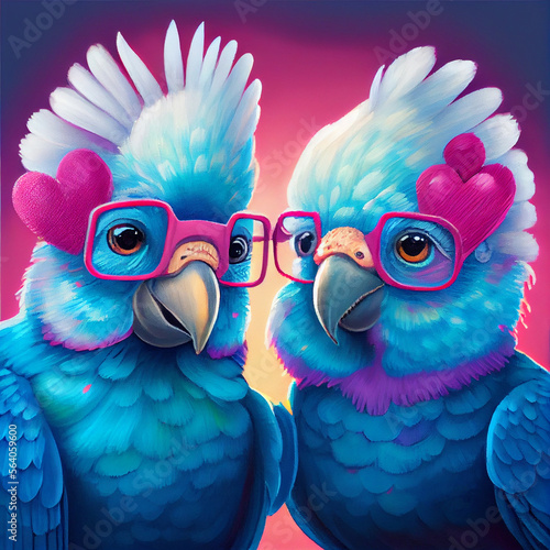 Couple of elderly multicolored cockatooes with hearts. AI generative.