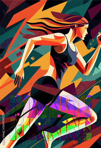 Abstract Geometric Art of Female Athlete Running - Runner made of geometric shapes