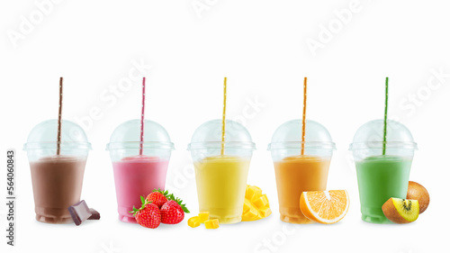 Milk fruit cocktail smoothie in a plastic glass with a straw set on a white isolated background