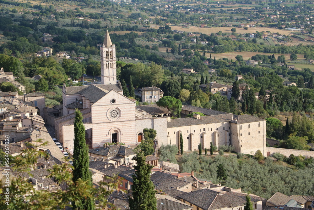 View to Basilica Santa Chiara in Assisi, Umbria Italy