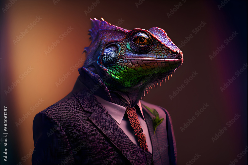 Portrait of chameleon in a business suit, on a cinematic background