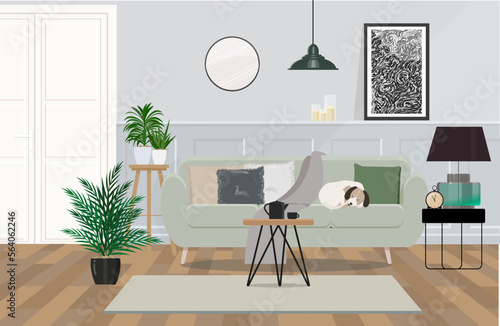 Illustration stylish interior design of living room with mint sofa, coffee table, plant, pillows, plaid, in home decor.