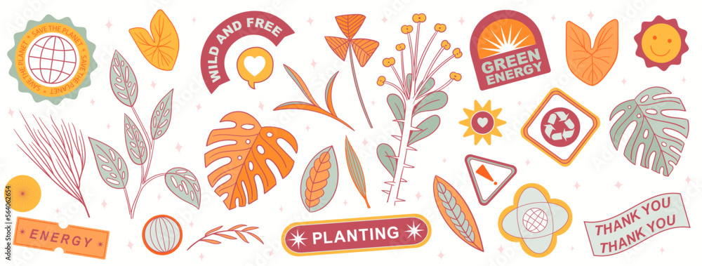 Set collection plants and labels - hand draw vector. Drawing beautiful plants with colour. Plant lover, Planet, plants, recycle, save the planet, monstera deliciosa. Vector trendy