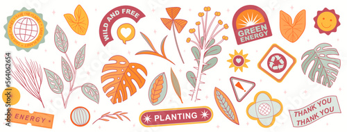 Set collection plants and labels - hand draw vector. Drawing beautiful plants with colour. Plant lover, Planet, plants, recycle, save the planet, monstera deliciosa. Vector trendy