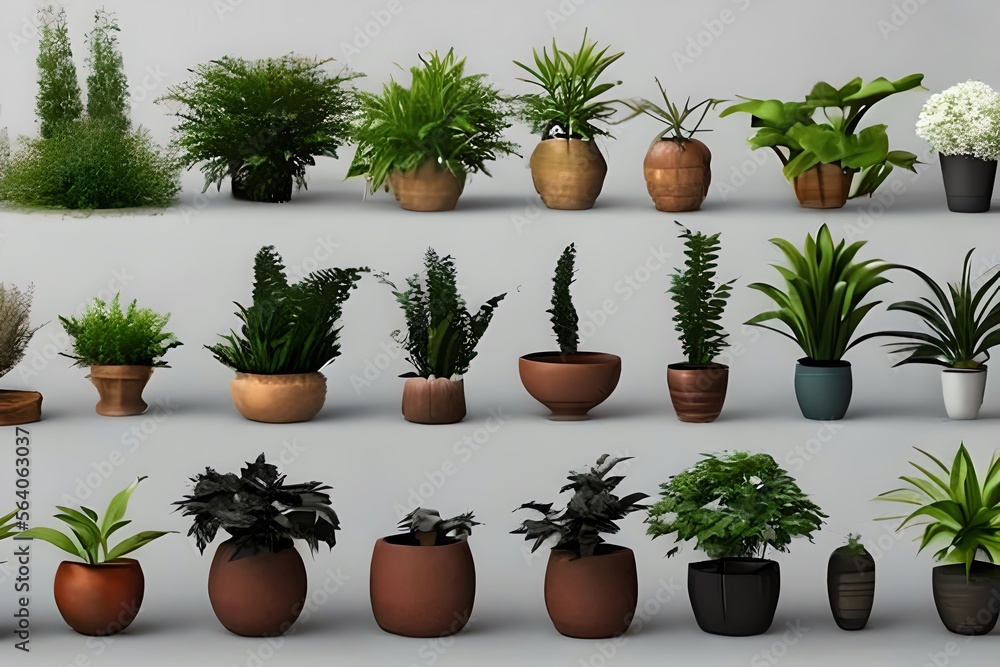 A collection of beautiful plants in ceramic pots. Generative AI