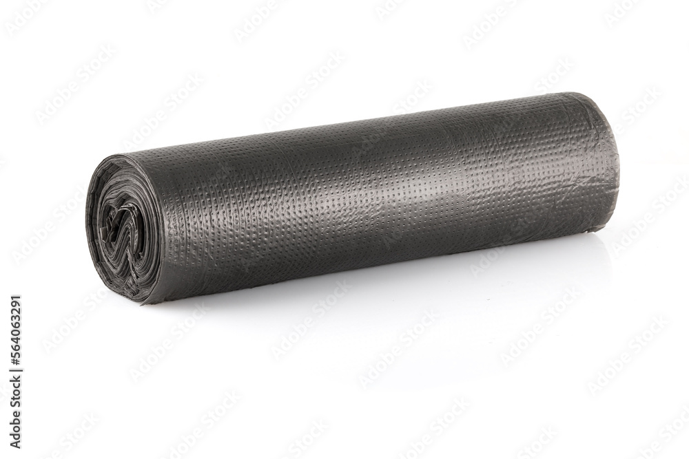 Roll of black plastic garbage bags isolated on white background. Full depth of field. Close-up Roll of black plastic garbage bags isolated on white background. Full depth of field. Close-up