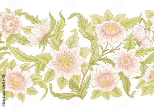 Decorative flowers and leaves in art nouveau style, vintage, old, retro style. Seamless pattern, background. Vector illustration.