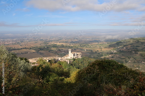 View from Rocca Maggiore fortress ruins to Basilica San Francesco in Assisi, Umbria Italy