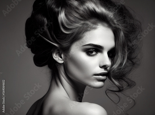 Beautiful woman with big volumized hair. Digitally AI generated image.