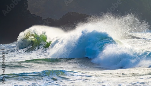 Slika na platnu Huge wave crashing against a headland on the south  Washington state coast durin