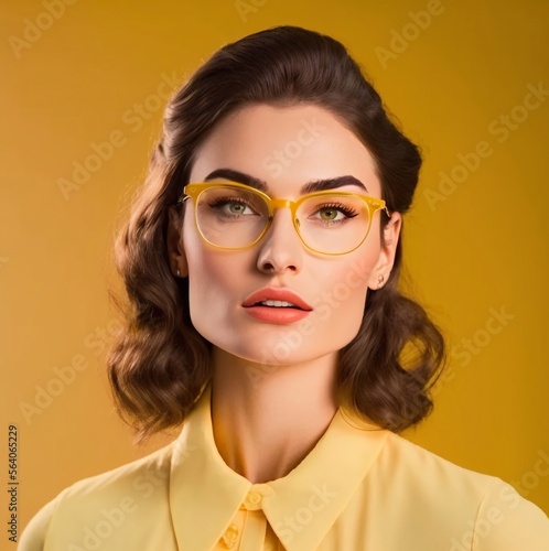 Portrait of a young beautiful woman in studio on yellow background. Generative AI