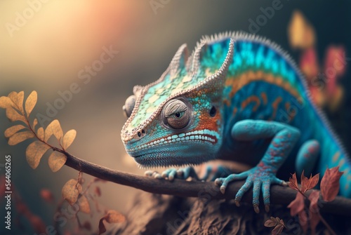 Close up of a brightly colored chameleon. Psychedelic and vibrant animal artwork. Beautiful multicolor. Generative AI.