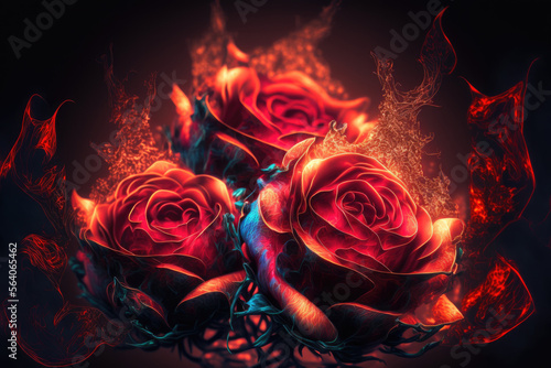 Roses on fire, passionate love, romance in the air, close up