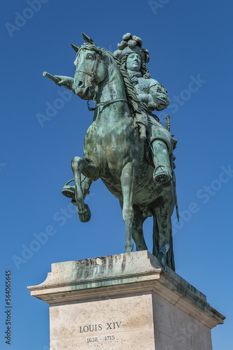 Equestrian statue of Louis XIV  1836  in front of Palace of Versailles. Palace Versailles was a royal chateau. Versailles  Paris  France. 