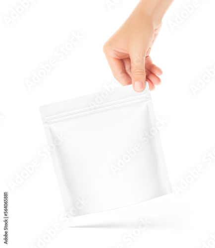 The right hand holds the pouch bag. Vector illustration isolated on a white background. Can be used to present your product. EPS10.	