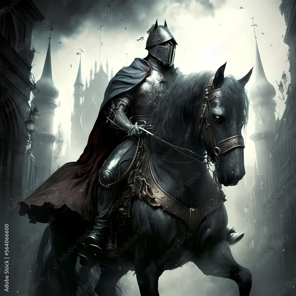 Black knight on horseback. Generative AI.. Black knight on horseback. Generative AI..