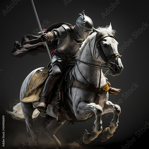 Black knight on horseback. Generative AI.. © Thomas_Blender