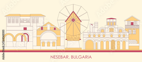 Cartoon Skyline panorama of town of Nessebar, Bulgaria - vector illustration