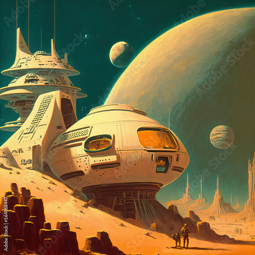 Mars colonization illustration. Exploration red planet terraforming mission concept. Illustration space station