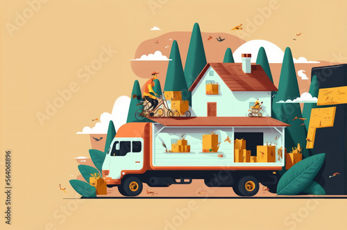 Concept transportation of building wooden house, service machine carries out move. Minimalism illustration, Generation AI © Adin