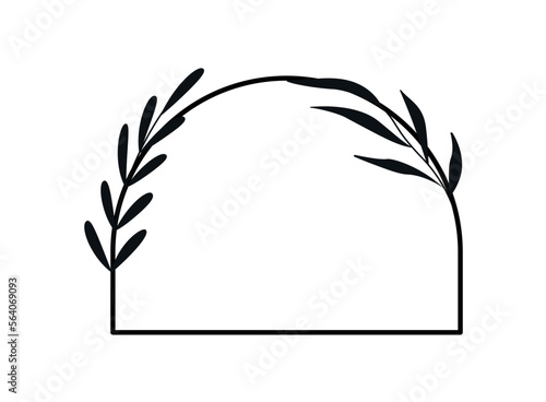 Simple geometric flower frame. Beautiful semicircular border with organic decor, branch or plant. Design element for wedding invitation. Cartoon linear vector illustration isolated on white background