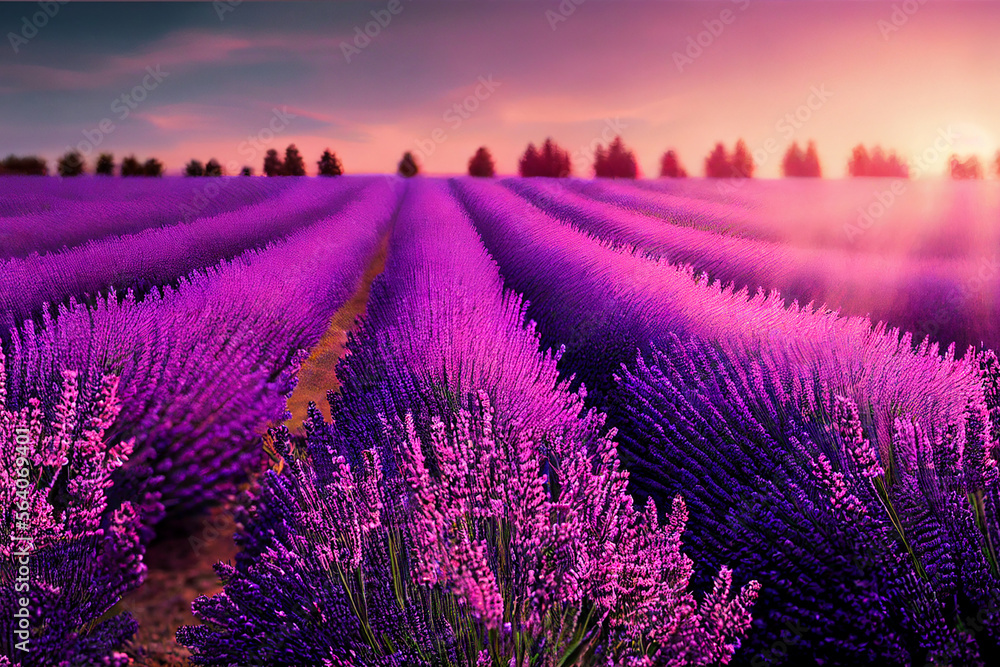 Fototapeta premium Lavender field sunset and lines