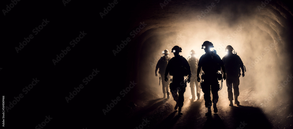Fototapeta premium Banner mining working. Silhouette of Miners with headlamps entering underground coal mine. Generation AI