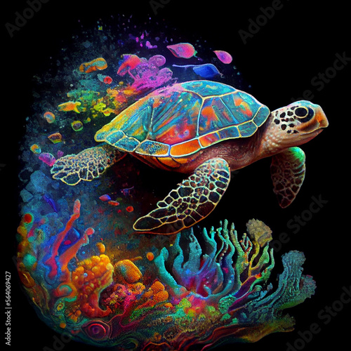 Sea turtle in corals. AI generative. photo