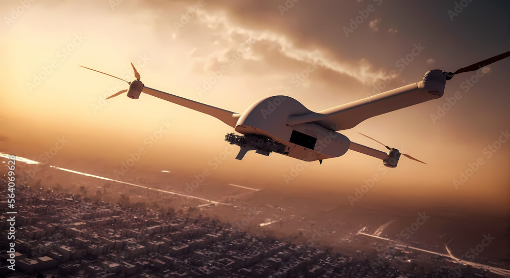 Modern military drone on city background, sunset light. Generation AI Modern military drone on city background, sunset light. Generation AI