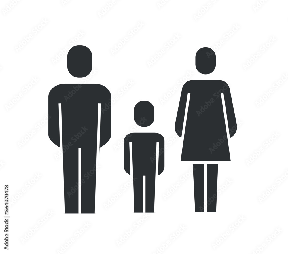 Care family icon black. Mother and father with son, silhouettes of a man, woman and little boy. Good relationship, young couple. Parenthood and childhood. Cartoon flat vector illustration