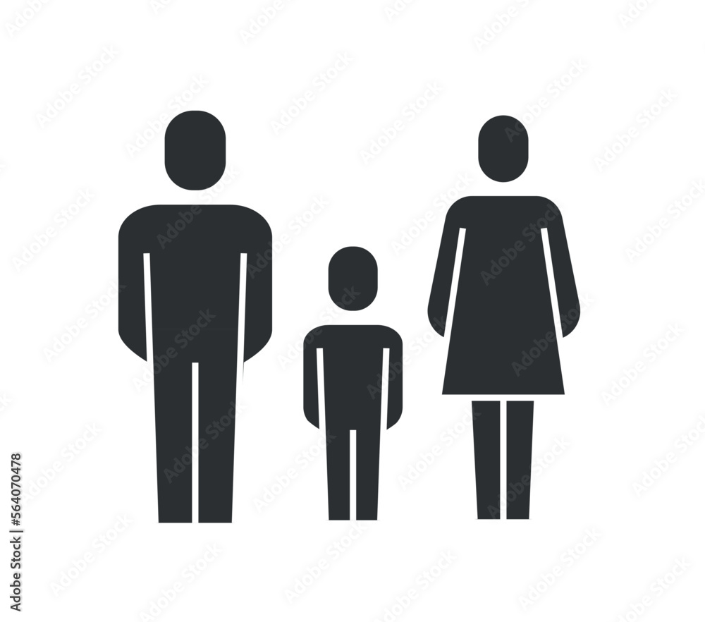 Care family icon black. Mother and father with son, silhouettes of a man, woman and little boy. Good relationship, young couple. Parenthood and childhood. Cartoon flat vector illustration Care family icon black. Mother and father with son, silhouettes of a man, woman and little boy. Good relationship, young couple. Parenthood and childhood. Cartoon flat vector illustration