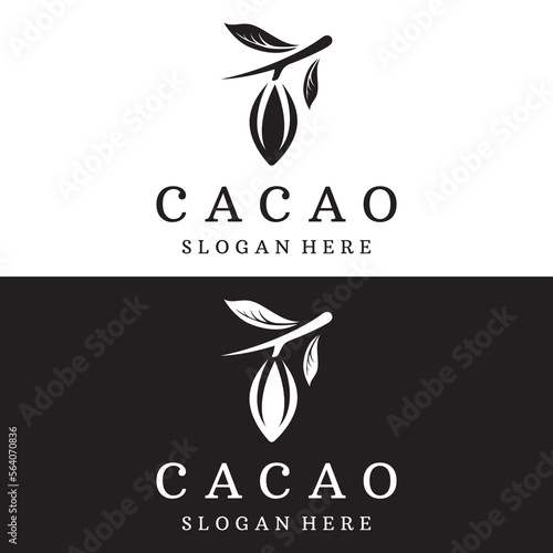 Chocolate cocoa pod plant logotype template design, cocoa bean, exotic organic plant isolated background.