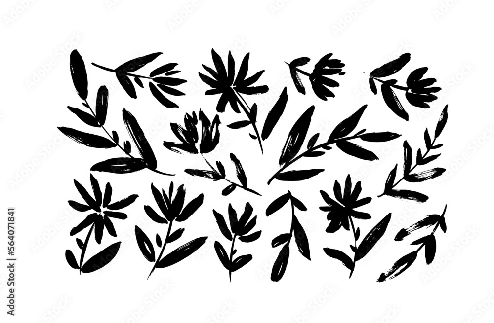Brush flower vector elements isolated on white background. Hand drawn botanical ink illustration. Chamomile, chrysanthemum and aster painted by brush. Small flower branches with leaves collection. Brush flower vector elements isolated on white background. Hand drawn botanical ink illustration. Chamomile, chrysanthemum and aster painted by brush. Small flower branches with leaves collection.