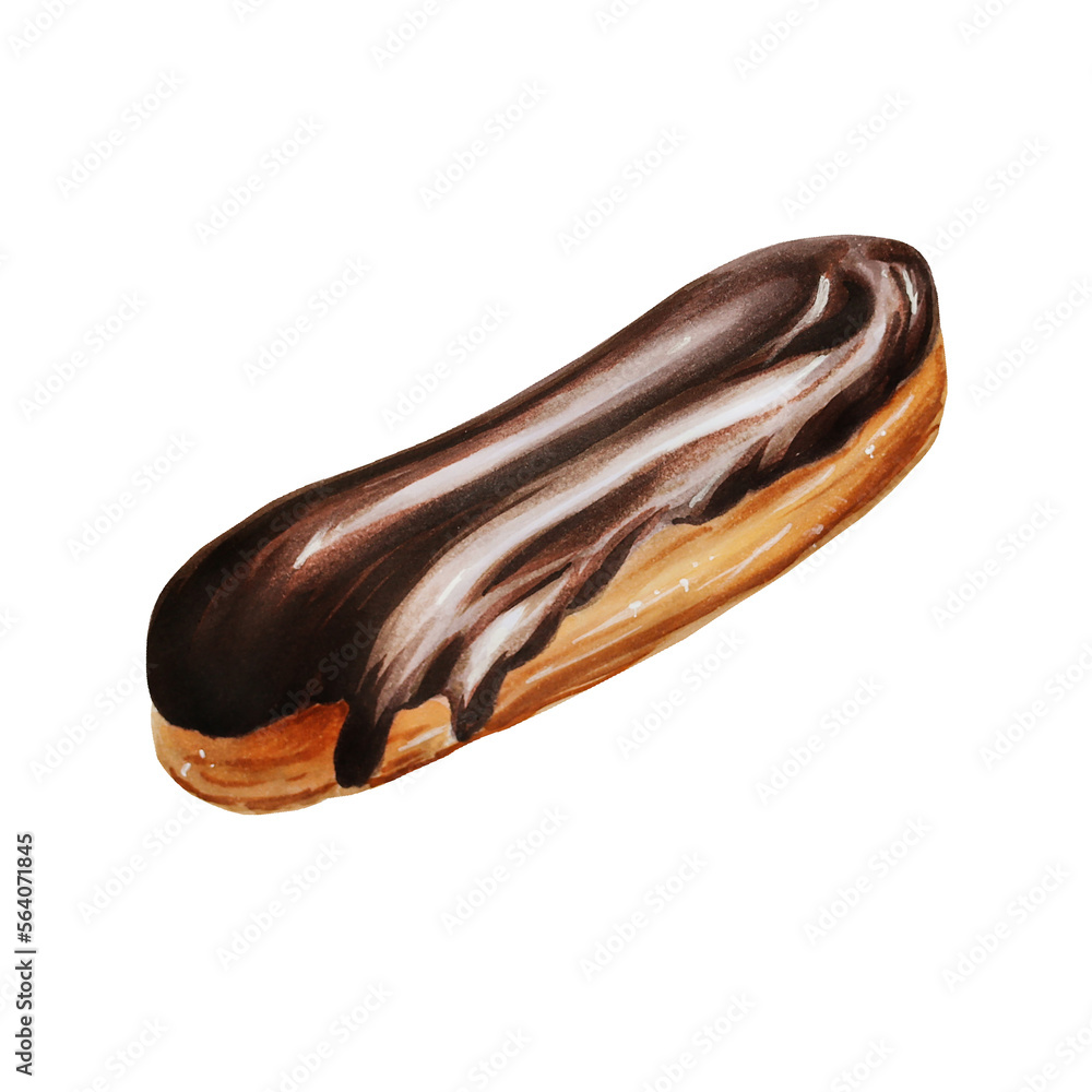 Watercolor chocolate eclair. Hand painting sweet on a white isolated background. For designers, menu, shop, bar, bistro, restaurant, for postcards, wrapping paper, covers. For posters and textile Watercolor chocolate eclair. Hand painting sweet on a white isolated background. For designers, menu, shop, bar, bistro, restaurant, for postcards, wrapping paper, covers. For posters and textile