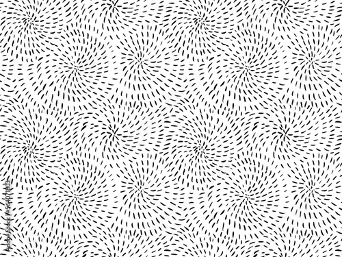 Dotted, dashed lines seamless pattern. Black and white vector hatching texture. Spirals seamless doodle pattern. Circular and swirl shapes with short lines and dashes. Brush drawn random strokes.