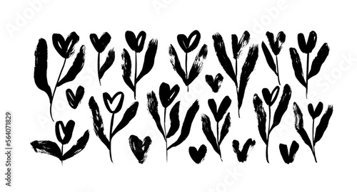 Set of tulips stems with heart blossoms. Brush drawn vector botanical elements isolated on white background. Sketch style floral branches for love holidays or weddings. Hand drawn silhouettes