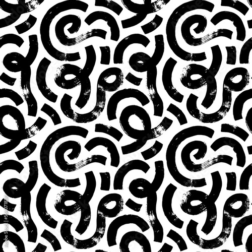 Organic geometric seamless pattern with bold curved lines. Swirls and curly brush strokes. Biological grunge squiggles. Chaotic vector black and white decorative texture. Grunge circular lines. 