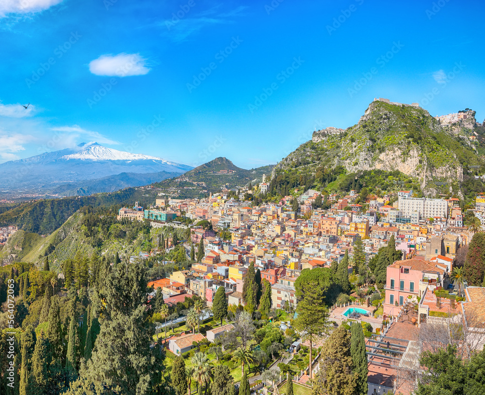 Awesome view of Taormina resorts and Etna volcano mount.