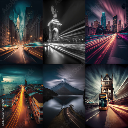 Set of 6 images, Long exposure photography of a city at night, illustration made with Generative AI  photo