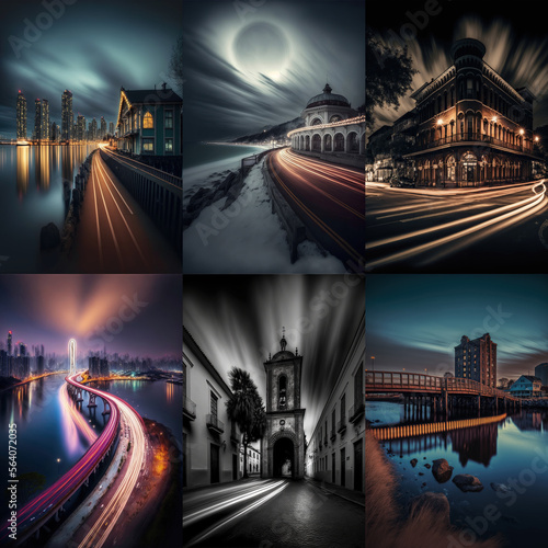 Set of 6 images, Long exposure photography of a city at night, illustration made with Generative AI  photo