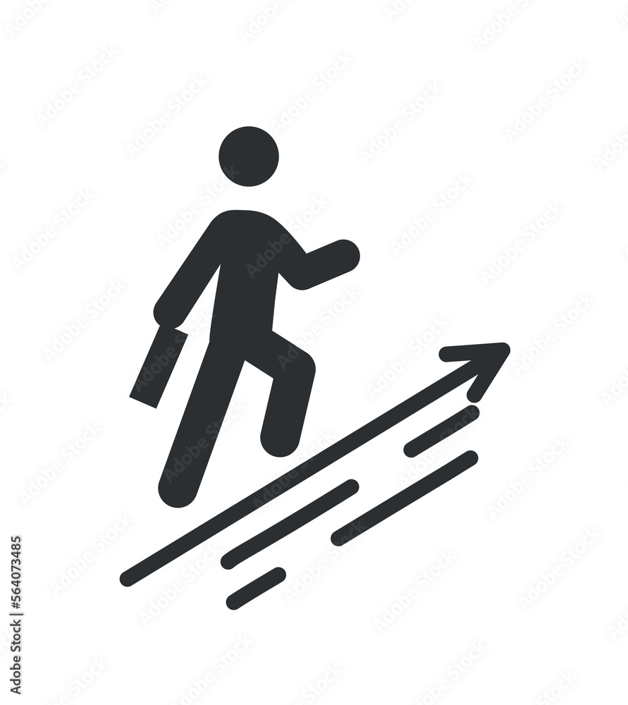 Careergrowth black icon. Man with briefcase walks along ascending arrow. successful entrepreneur or businessman, employee. Poster or banner for website. Cartoon flat vector illustration Careergrowth black icon. Man with briefcase walks along ascending arrow. successful entrepreneur or businessman, employee. Poster or banner for website. Cartoon flat vector illustration