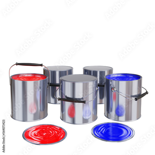 3d illustration paint cans silver metal cans red and blue containers aluminum containers with handles for interior improvements isolated on white background - clipping path