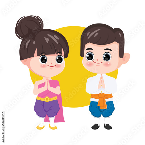 Cartoon character of traditional Thai girl and boy in namaste poses.