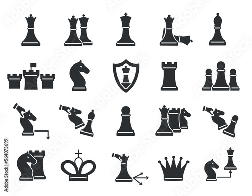 Chess black icons set. Collection of graphic elements for website. Metaphor for strategy and planning. Game of logic and sports. Cartoon flat vector illustrations isolated on white background