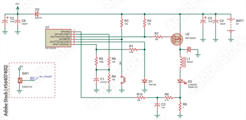 Schematic diagram of electronic device.
Vector drawing electrical circuit with diode, button, resistor,  microcontroller, battery power
and other electronic components.