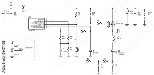 Schematic diagram of electronic device. Vector drawing electrical circuit with diode, button, resistor, microcontroller, battery power and other electronic components.